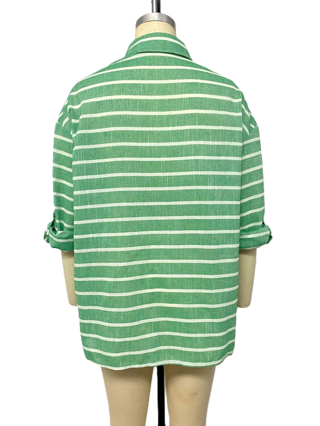 Oversized Striped Button Down Shirt - Green - 1