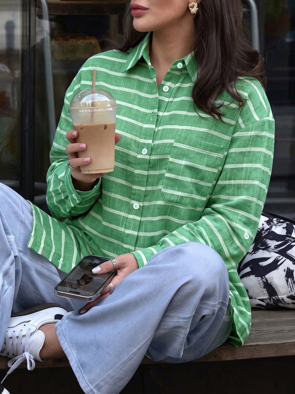 Oversized Striped Button Down Shirt - Green - 2