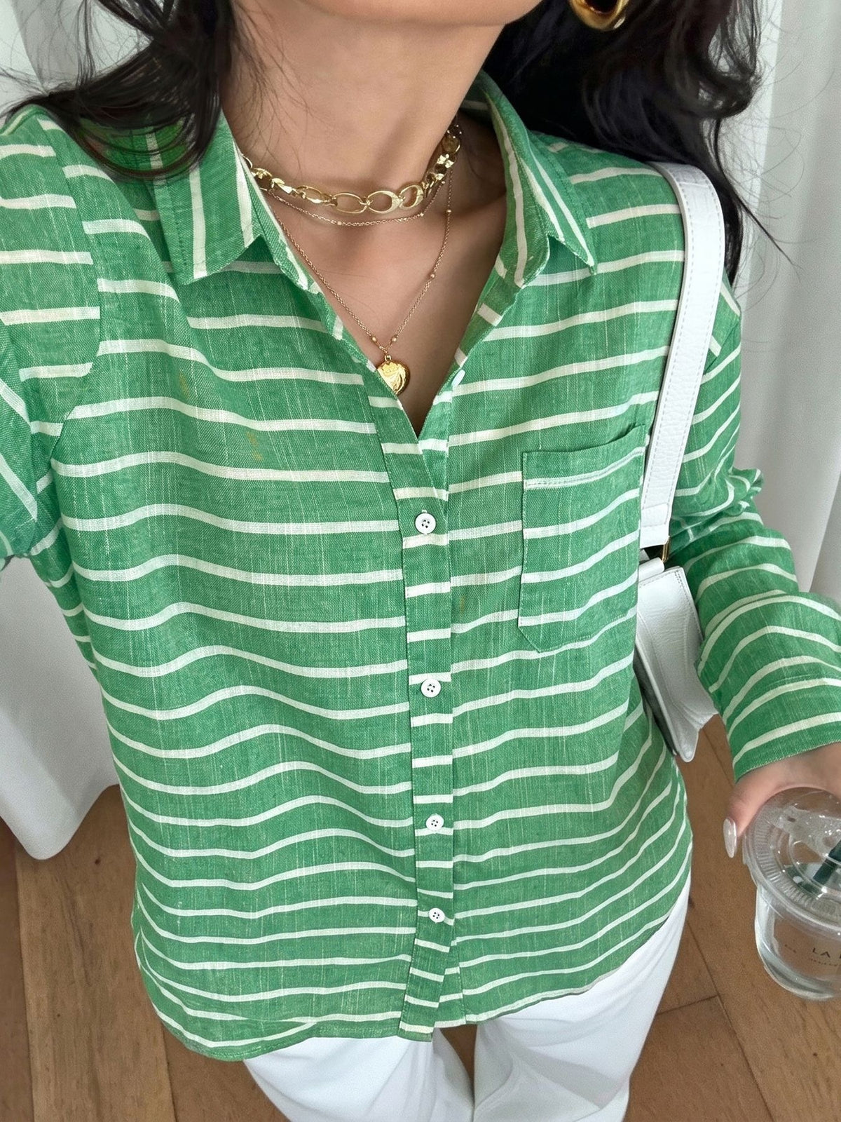 Oversized Striped Button Down Shirt - Green - 3