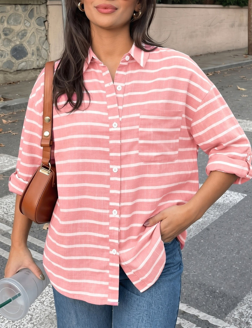 Oversized Striped Button Down Shirt - Pink