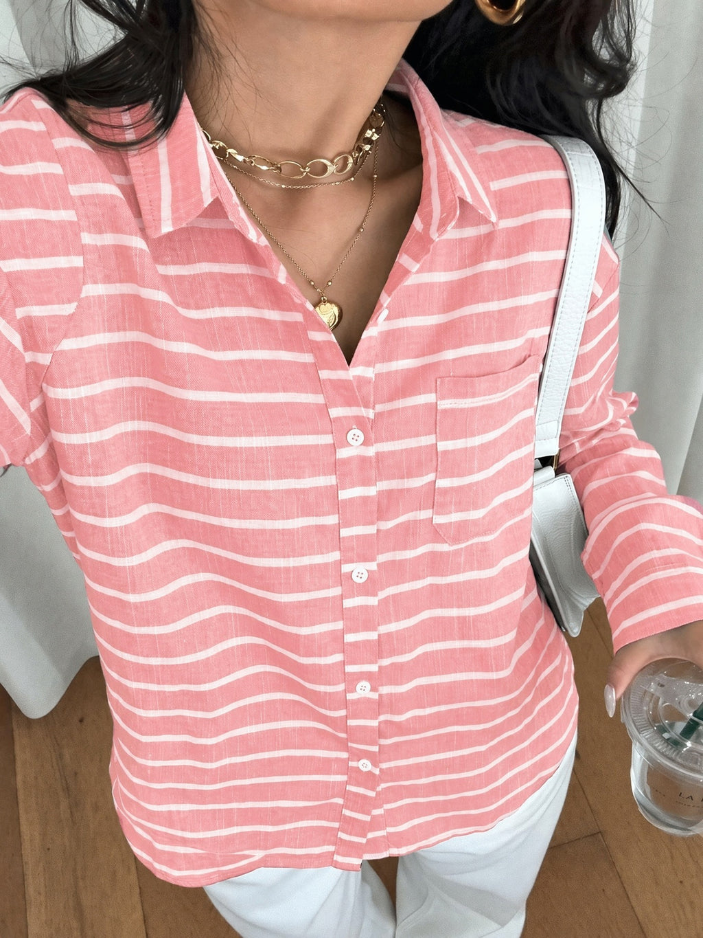 Oversized Striped Button Down Shirt - Pink - 1