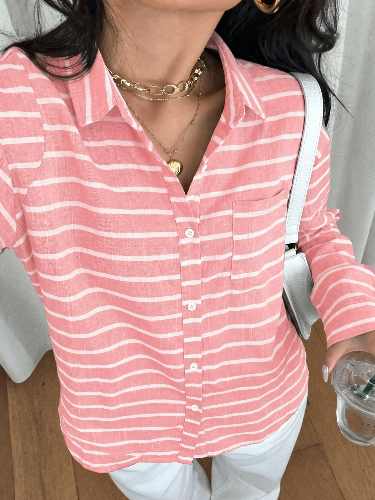 Oversized Striped Button Down Shirt - Pink - 1
