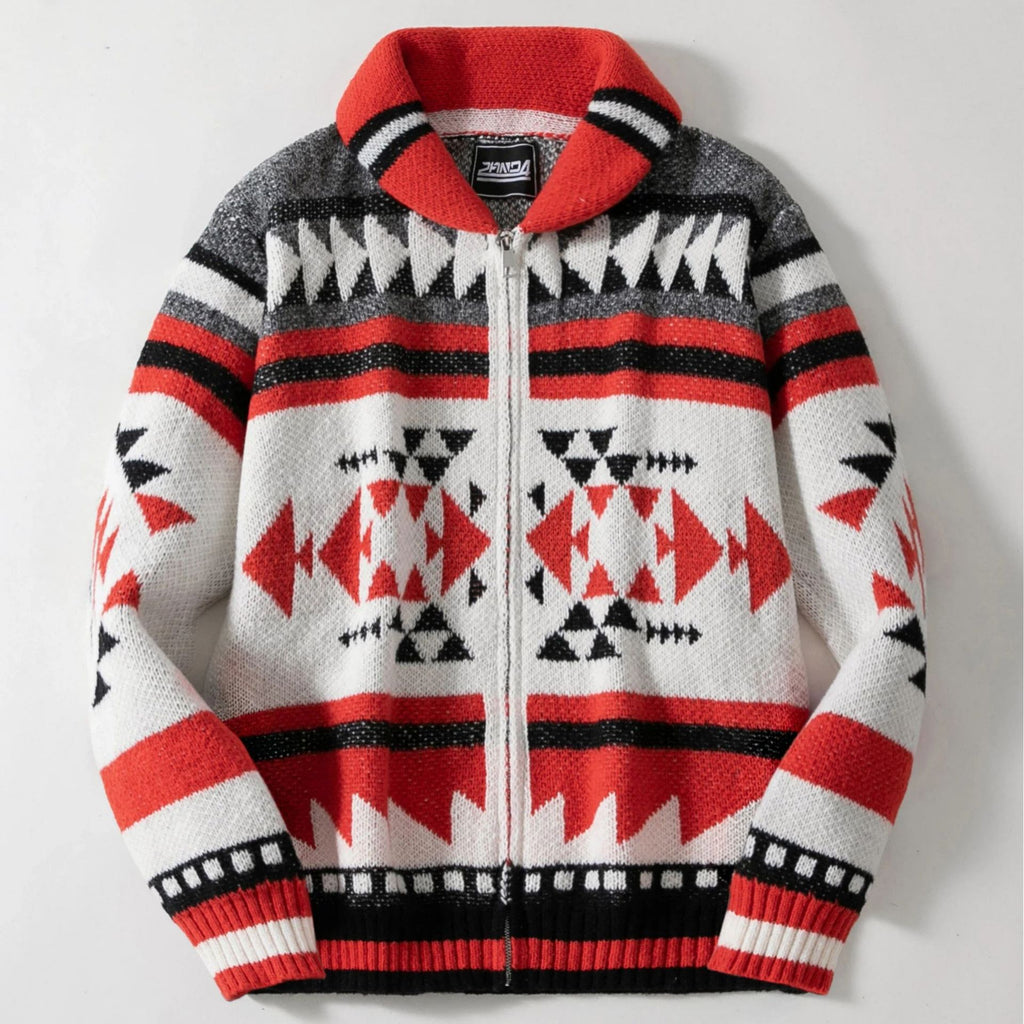 Geometric Southwestern Knit Zip Front Jacket - Red - 1