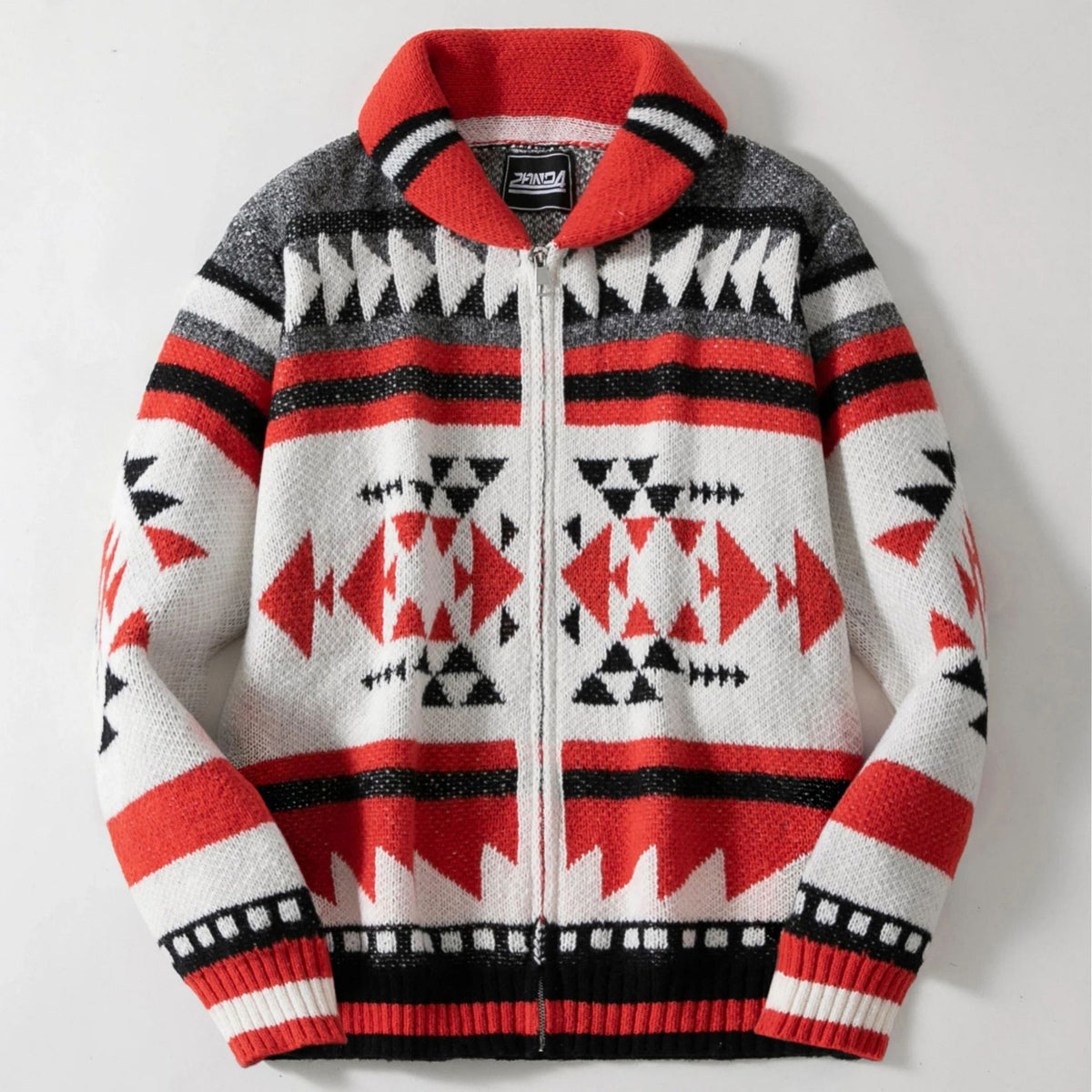 Geometric Southwestern Knit Zip Front Jacket - Red - 1