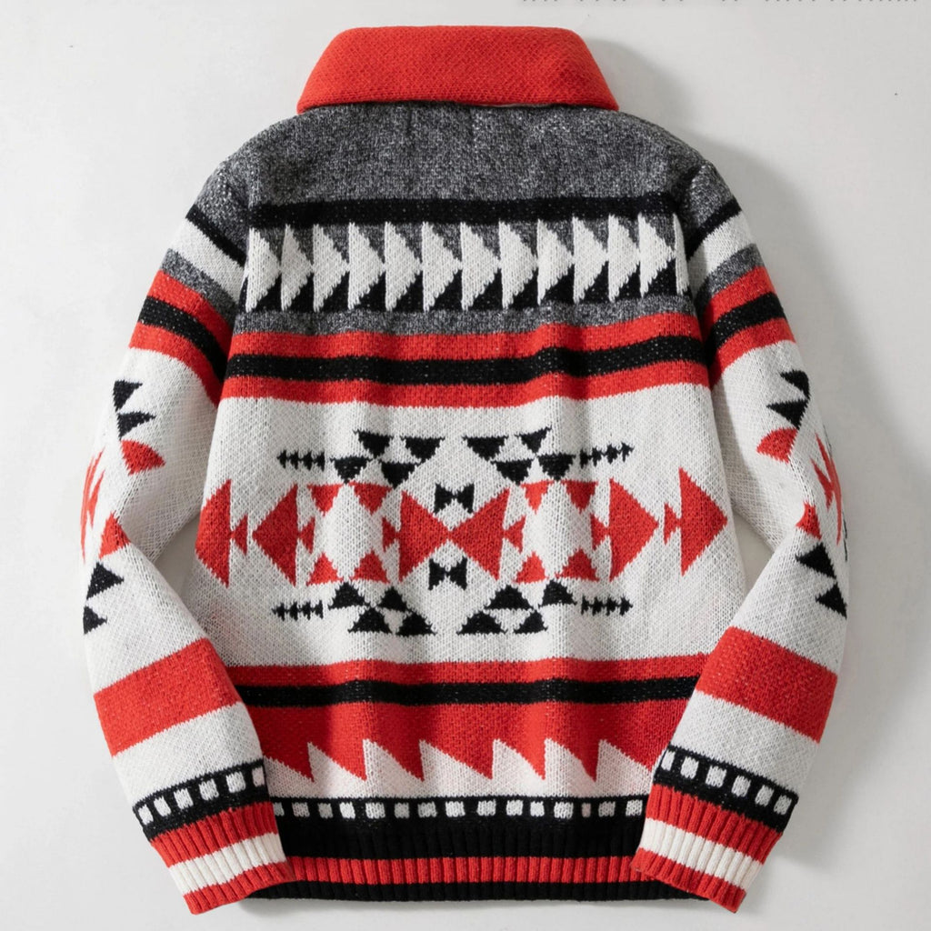 Geometric Southwestern Knit Zip Front Jacket - Red - 3