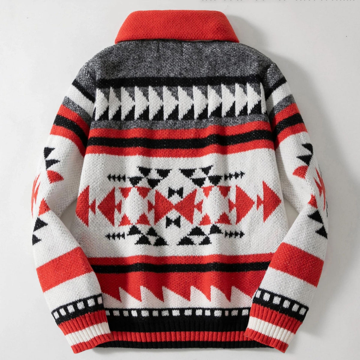 Geometric Southwestern Knit Zip Front Jacket - Red - 3
