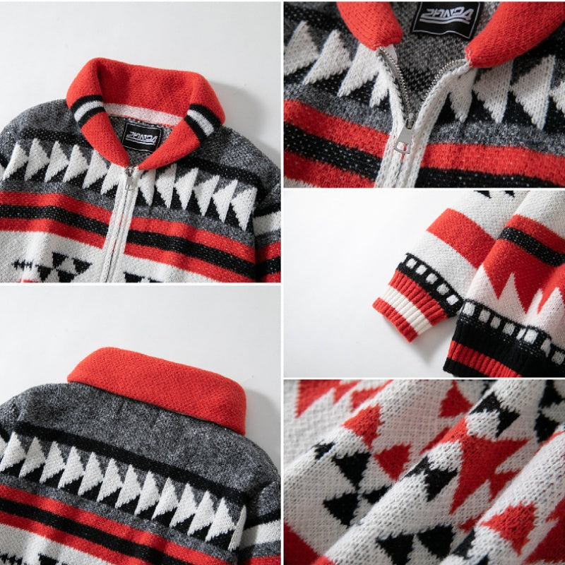 Geometric Southwestern Knit Zip Front Jacket - Red - 4