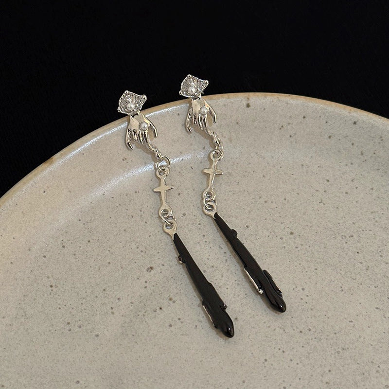 Pleated Fan Long Teardrop Drop Earrings - Black_01