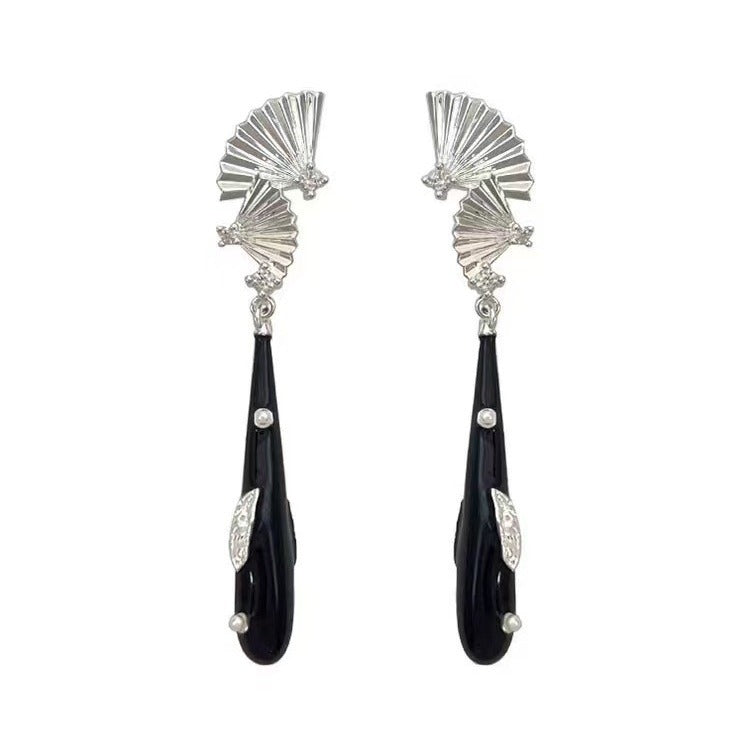 Pleated Fan Long Teardrop Drop Earrings