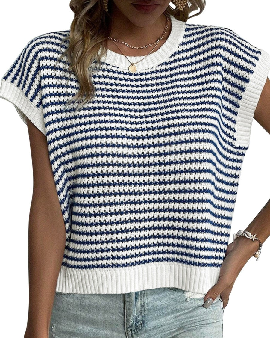 Textured Stripe Cap Sleeve Knit Top - Color_2