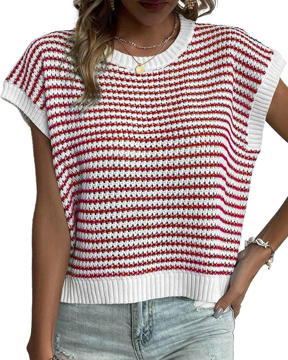 Textured Stripe Cap Sleeve Knit Top - Color_4