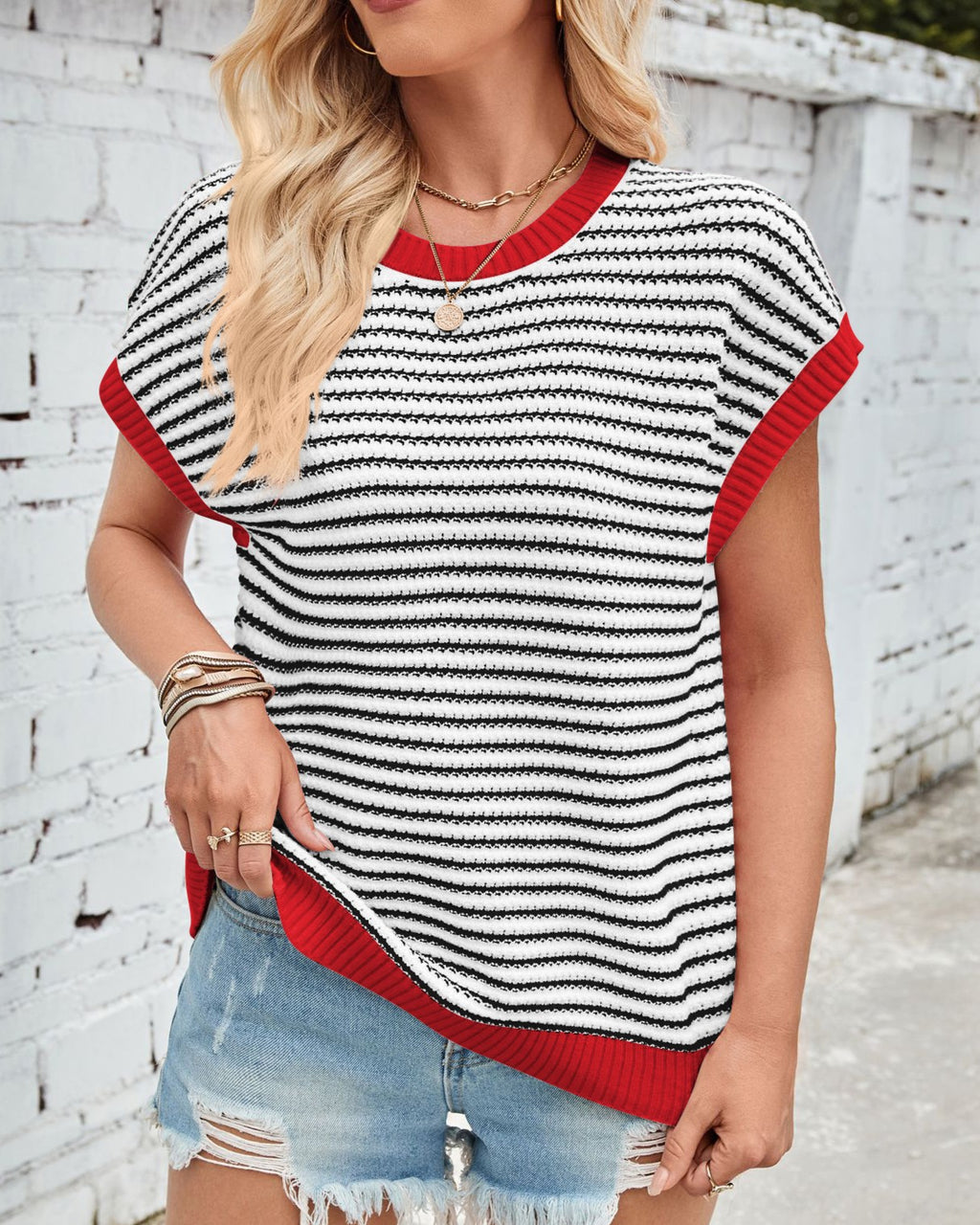 Textured Stripe Cap Sleeve Knit Top - Color_5