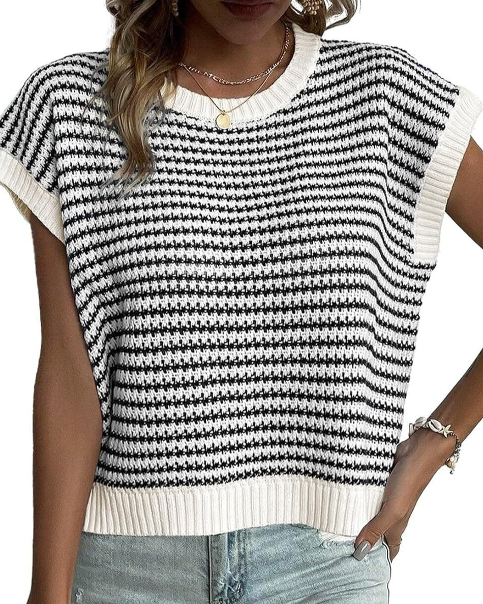 Textured Stripe Cap Sleeve Knit Top - Color_5 - 1