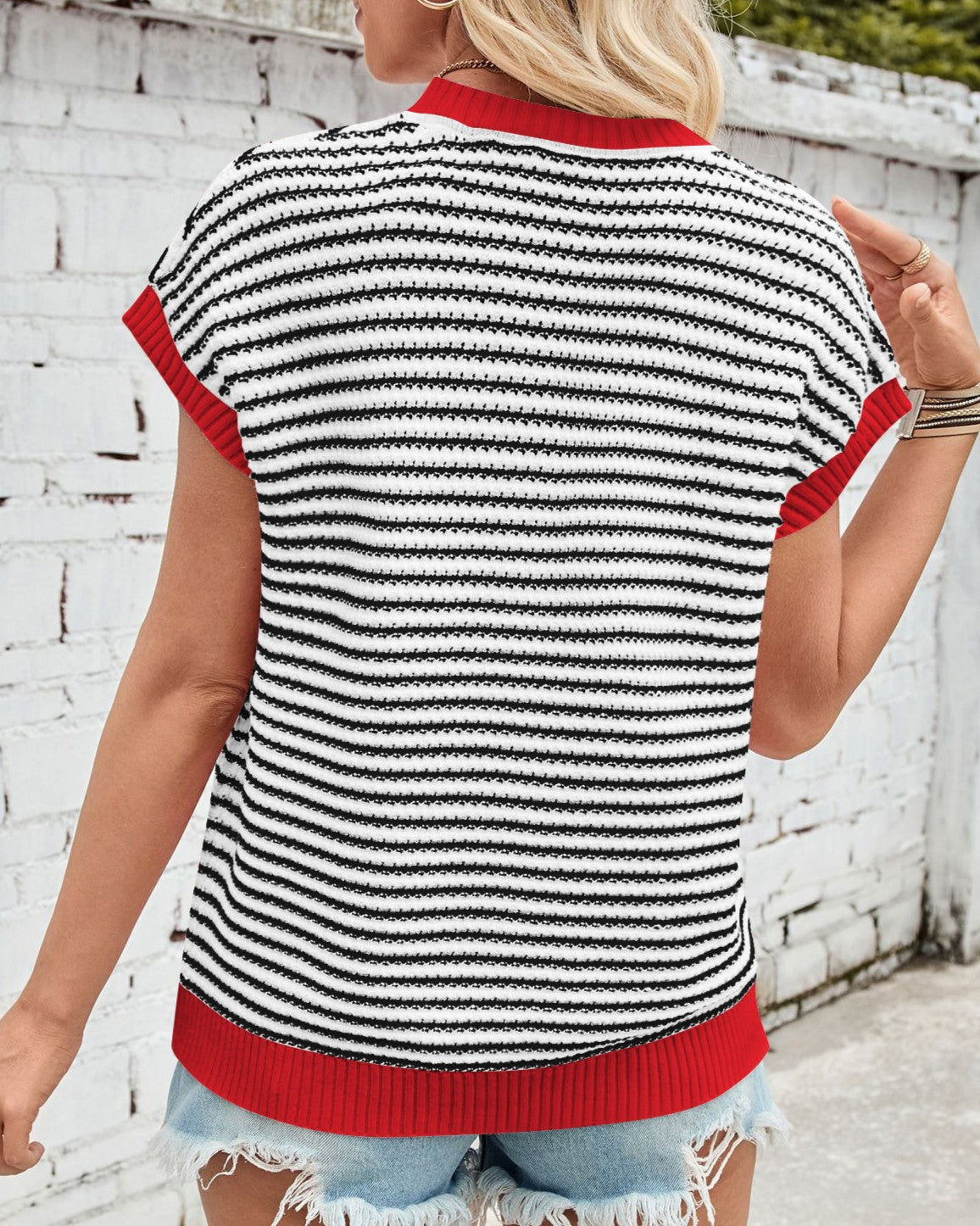 Textured Stripe Cap Sleeve Knit Top - Color_5 - 2
