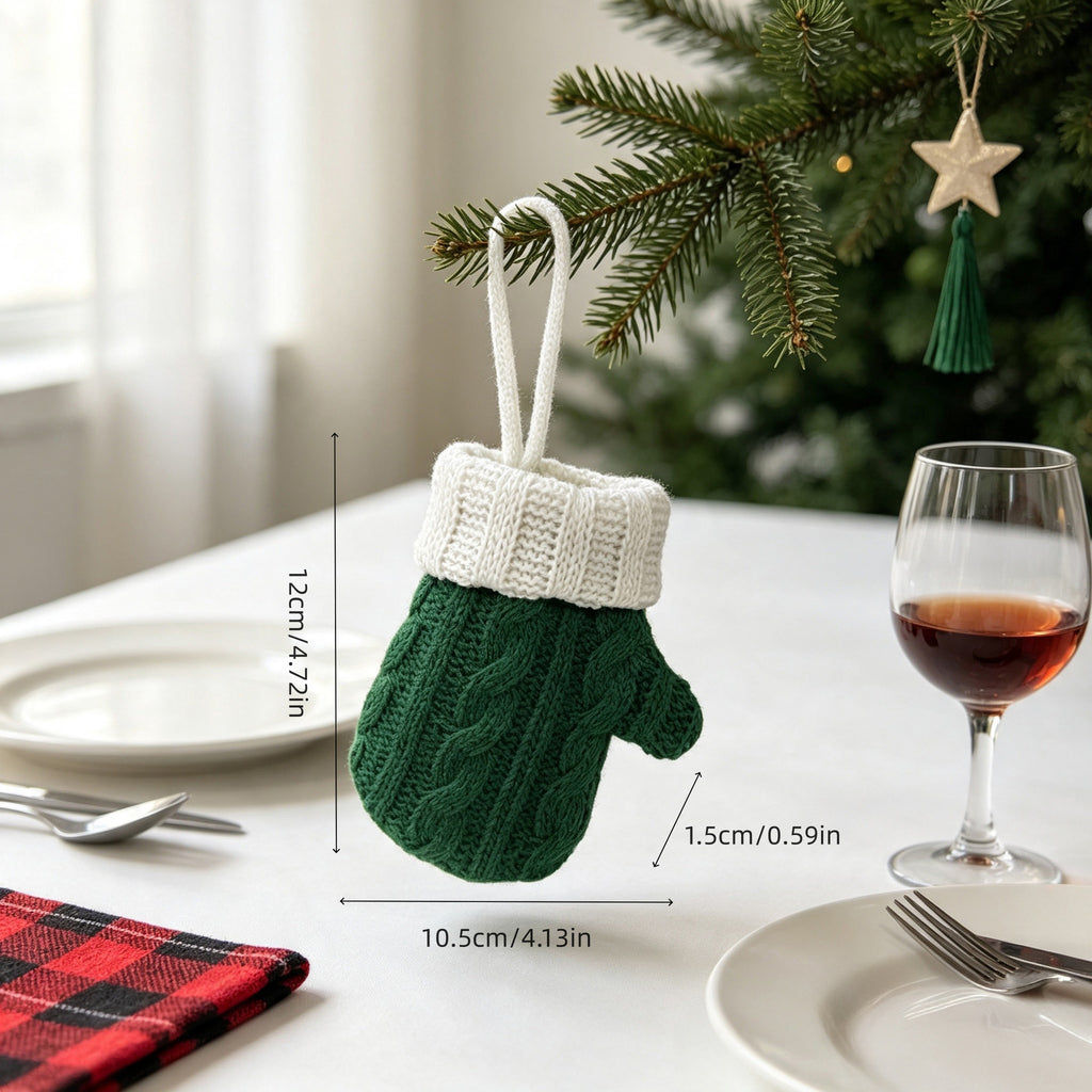Cable Knit Mitten Christmas Decoration Cutlery Holder - Green
