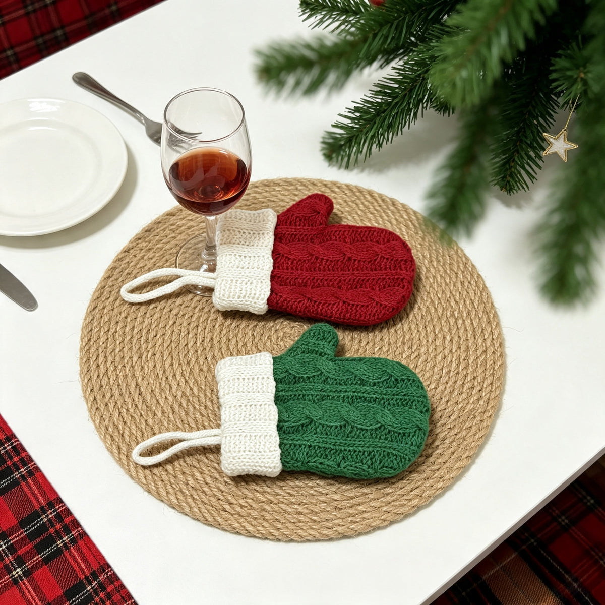 Cable Knit Mitten Christmas Decoration Cutlery Holder - Green - 1