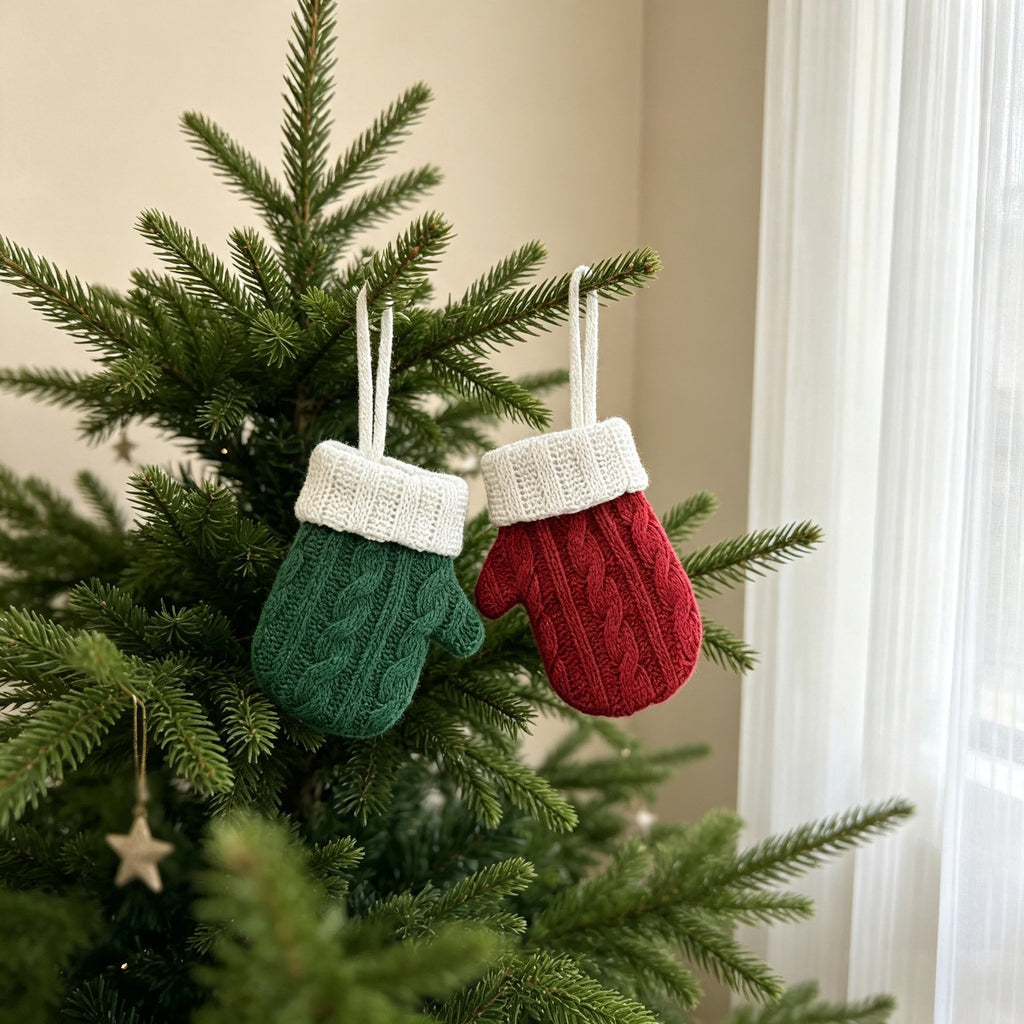 Cable Knit Mitten Christmas Decoration Cutlery Holder - Green - 2