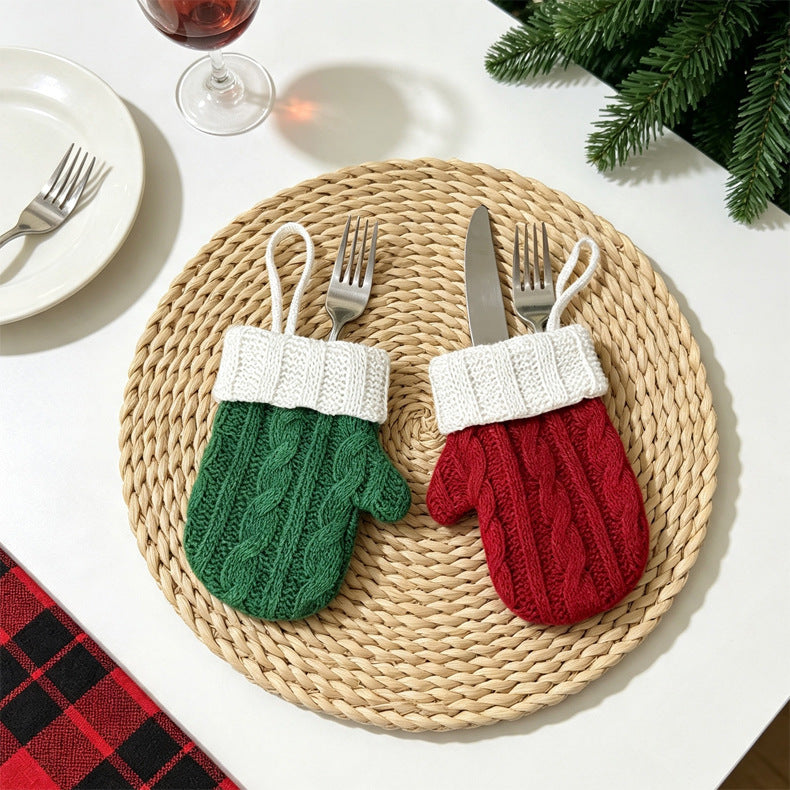 Cable Knit Mitten Christmas Decoration Cutlery Holder - Red