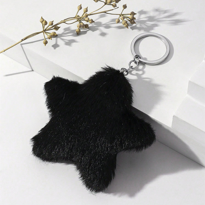 Soft Fluffy Plush Star Pom-Pom Keychain Bag Charm - Black