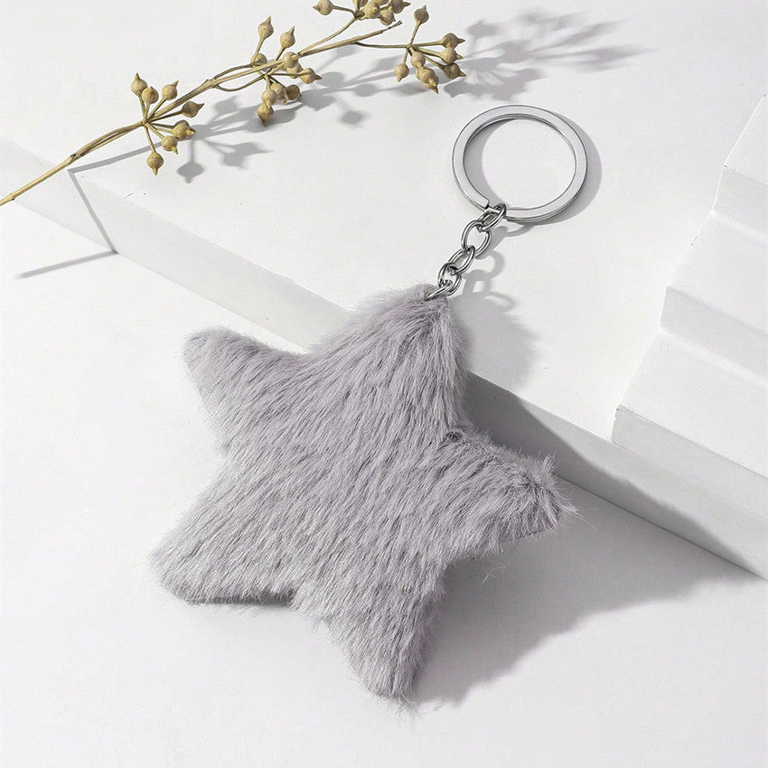 Soft Fluffy Plush Star Pom-Pom Keychain Bag Charm - Grey