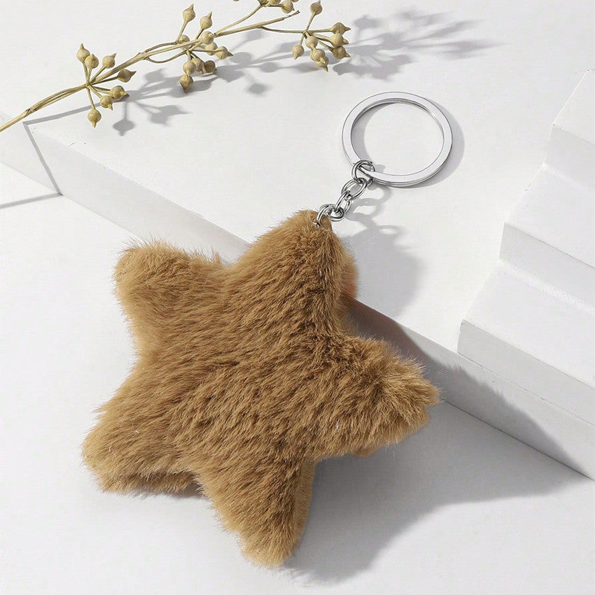 Soft Fluffy Plush Star Pom-Pom Keychain Bag Charm - Khaki
