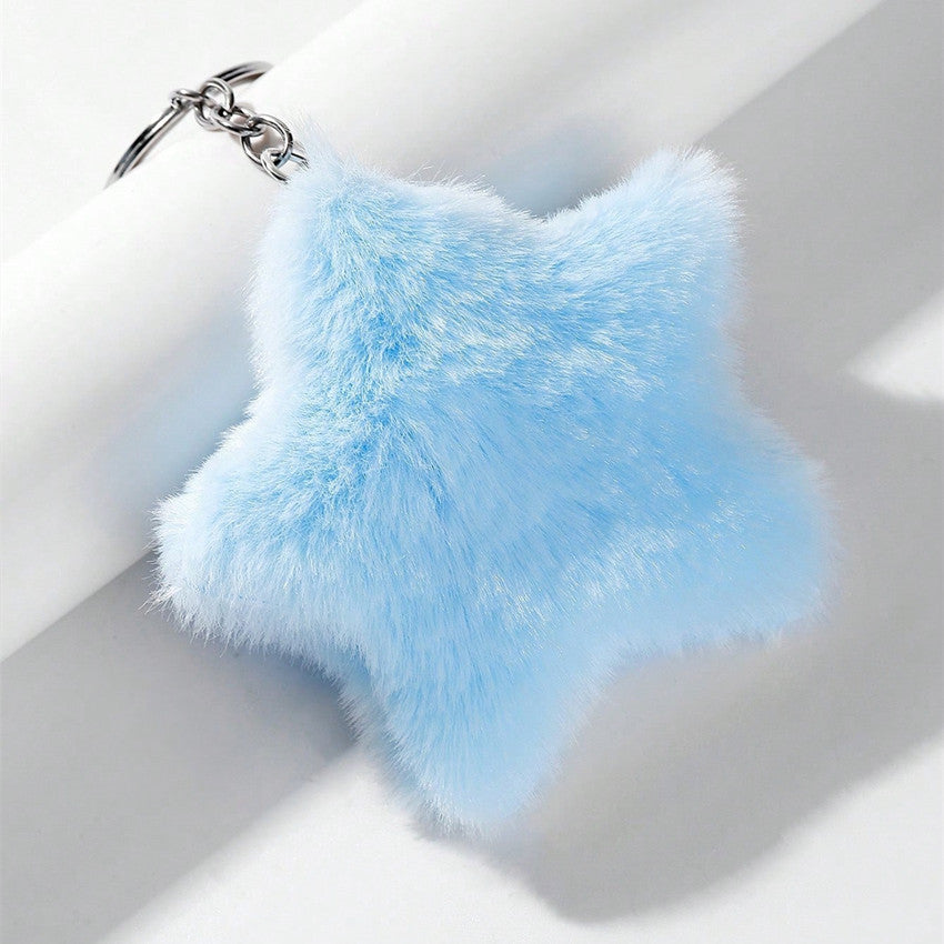 Soft Fluffy Plush Star Pom-Pom Keychain Bag Charm - Light Blue