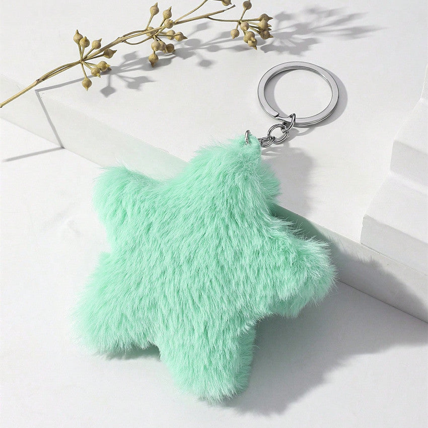 Soft Fluffy Plush Star Pom-Pom Keychain Bag Charm - Mint Green