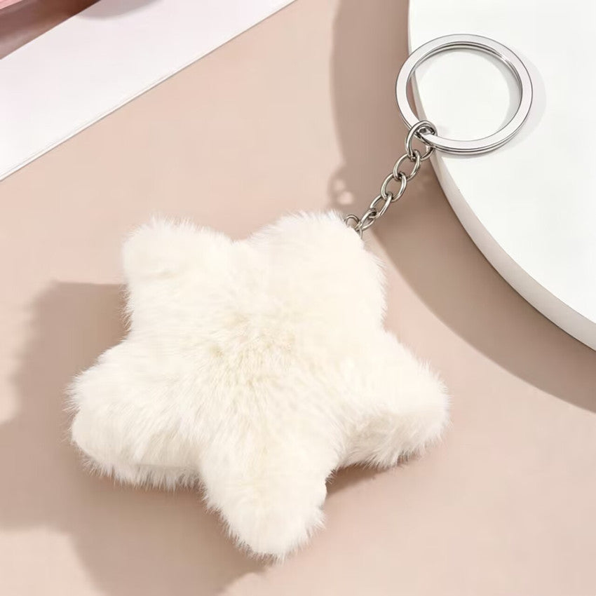 Soft Fluffy Plush Star Pom-Pom Keychain Bag Charm - Off-White