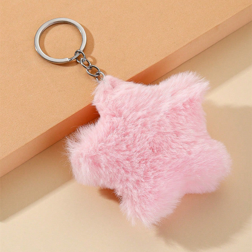 Soft Fluffy Plush Star Pom-Pom Keychain Bag Charm - Pink