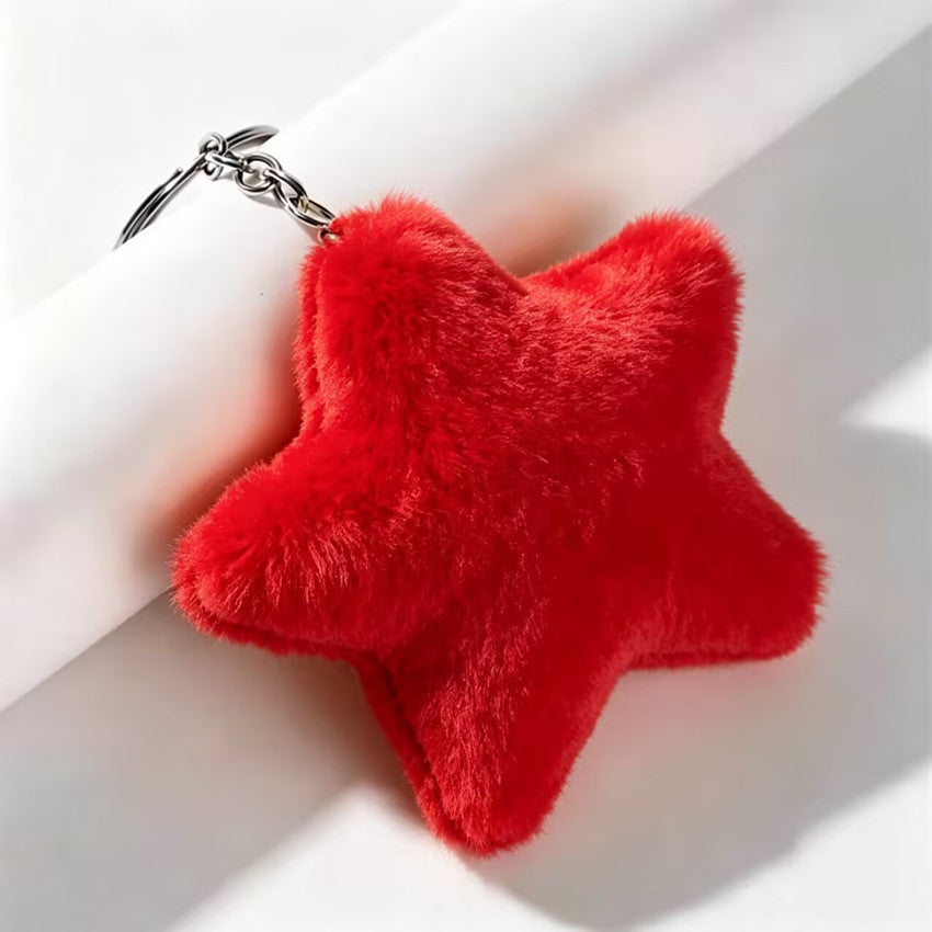 Soft Fluffy Plush Star Pom-Pom Keychain Bag Charm - Red