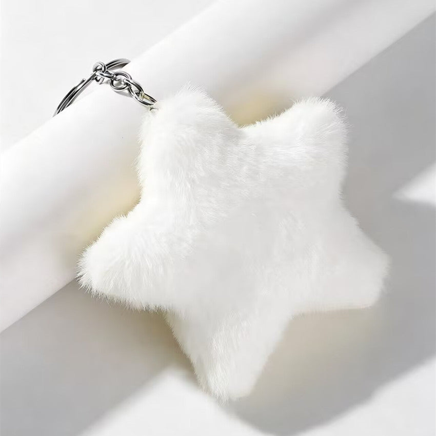 Soft Fluffy Plush Star Pom-Pom Keychain Bag Charm - White
