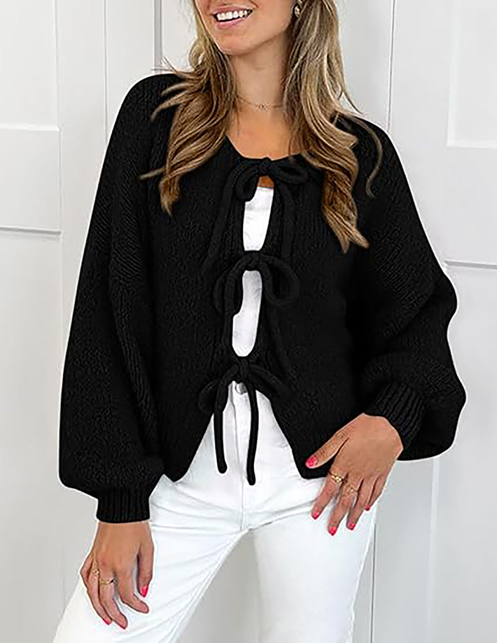 Chunky Bow Tie Front Knit Cardigan - Black