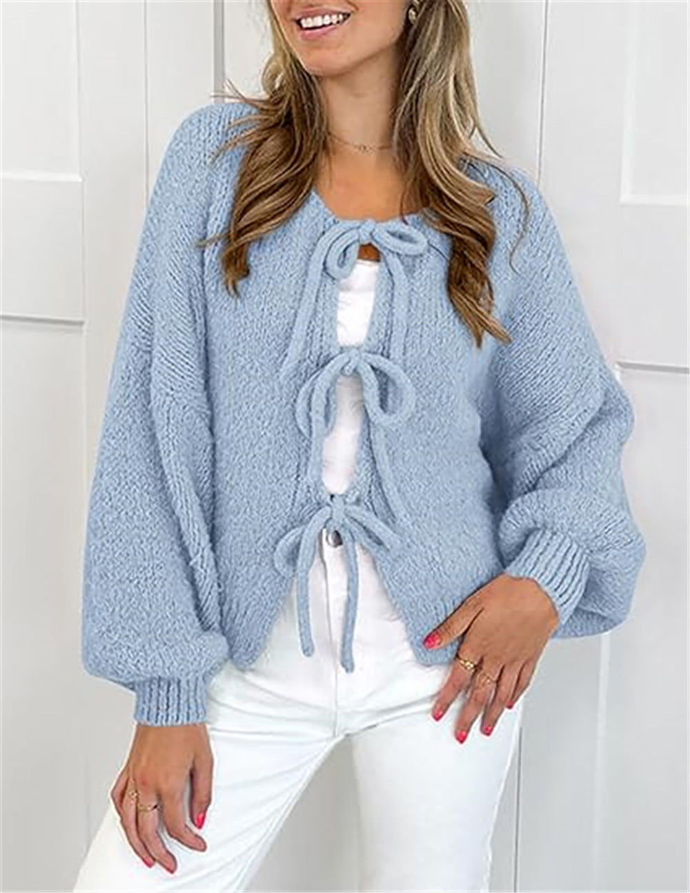 Chunky Bow Tie Front Knit Cardigan - Blue
