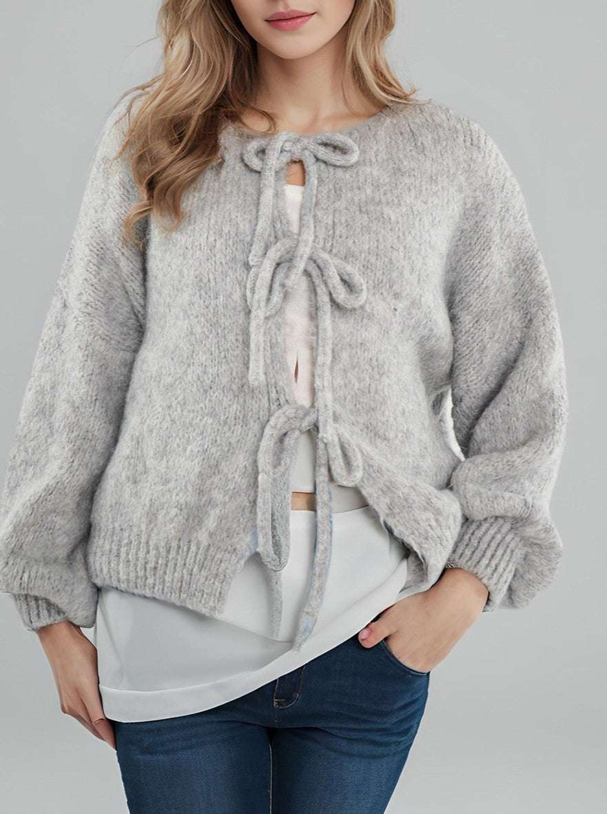 Chunky Bow Tie Front Knit Cardigan - Grey - 1
