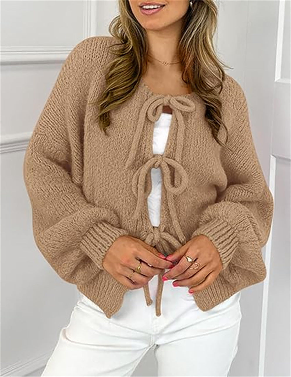 Chunky Bow Tie Front Knit Cardigan - Khaki