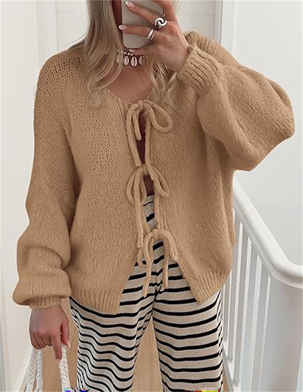 Chunky Bow Tie Front Knit Cardigan - Khaki - 1