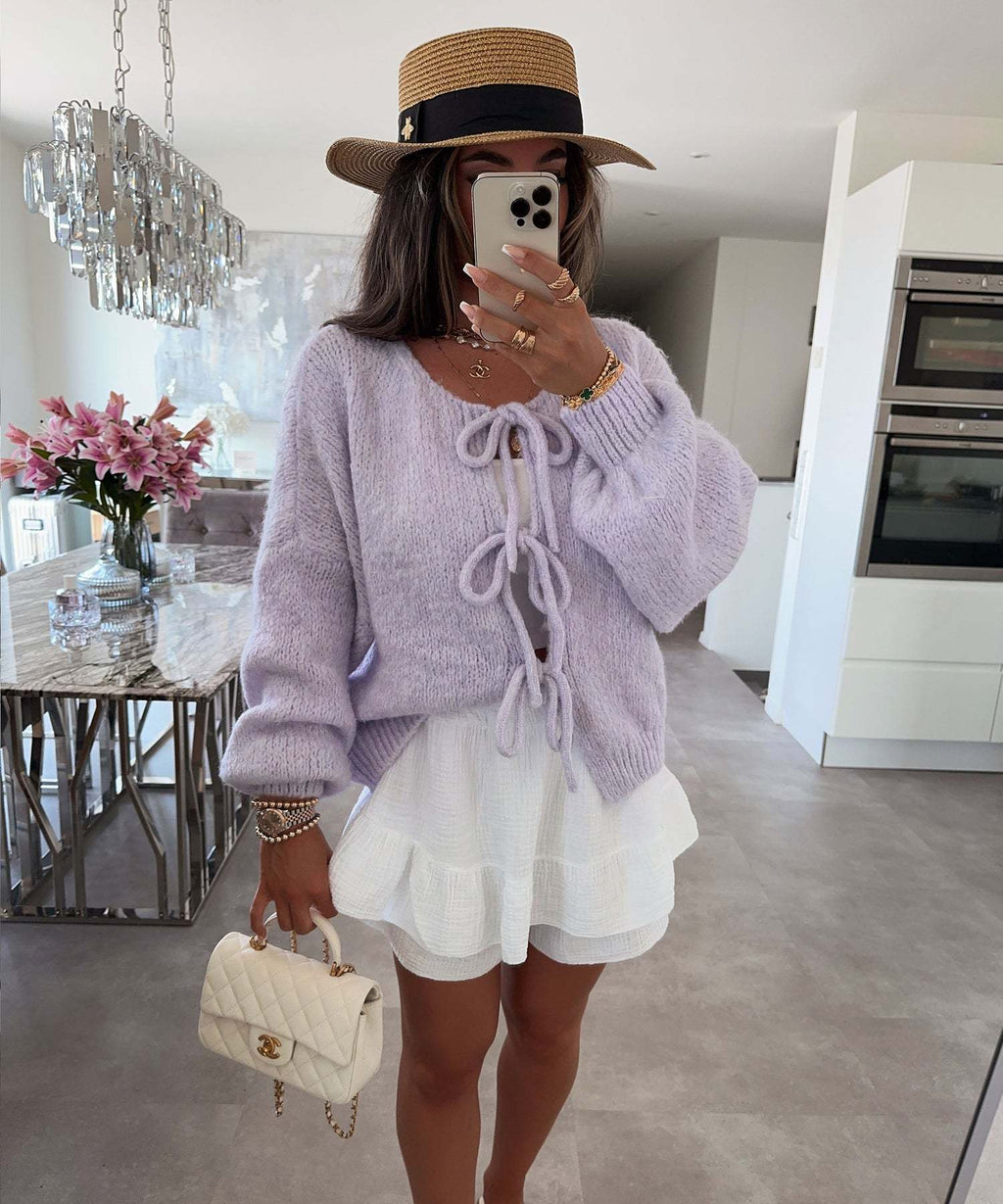 Chunky Bow Tie Front Knit Cardigan - Purple