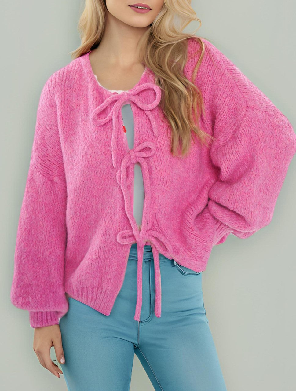 Chunky Bow Tie Front Knit Cardigan - Rosered
