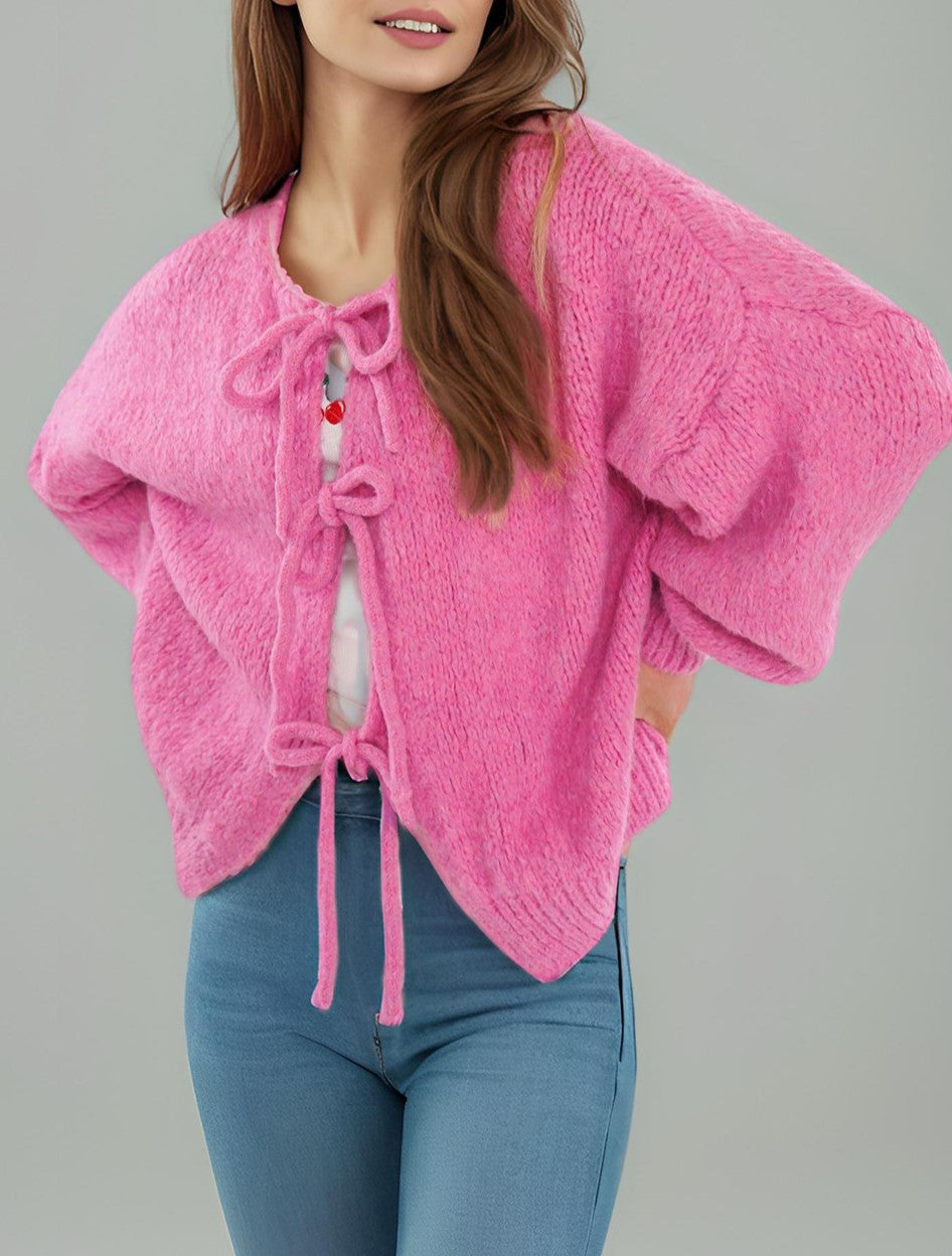 Chunky Bow Tie Front Knit Cardigan - Rosered - 1
