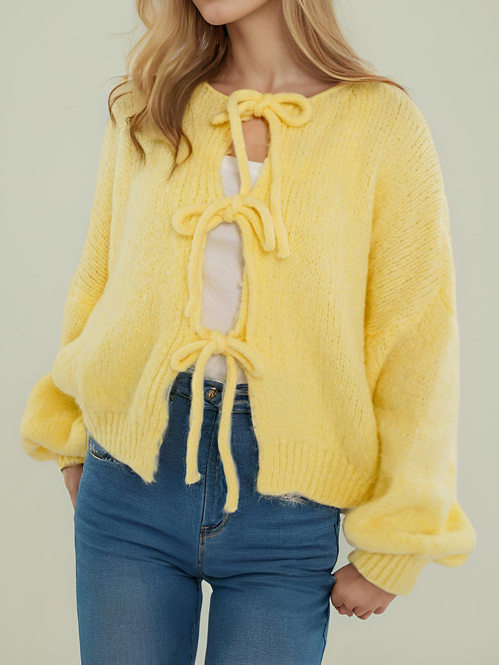 Chunky Bow Tie Front Knit Cardigan - Yellow
