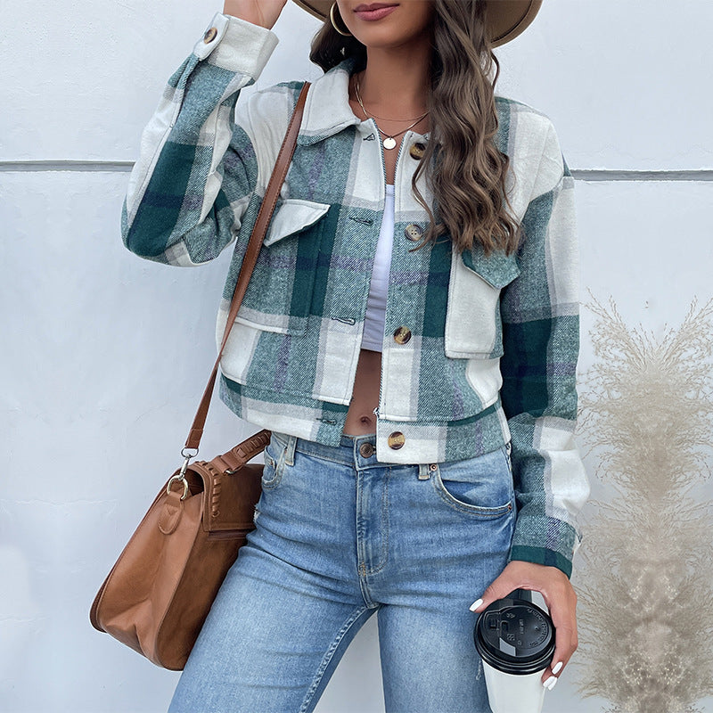 Cropped Plaid Lapel Collar Jacket - Green