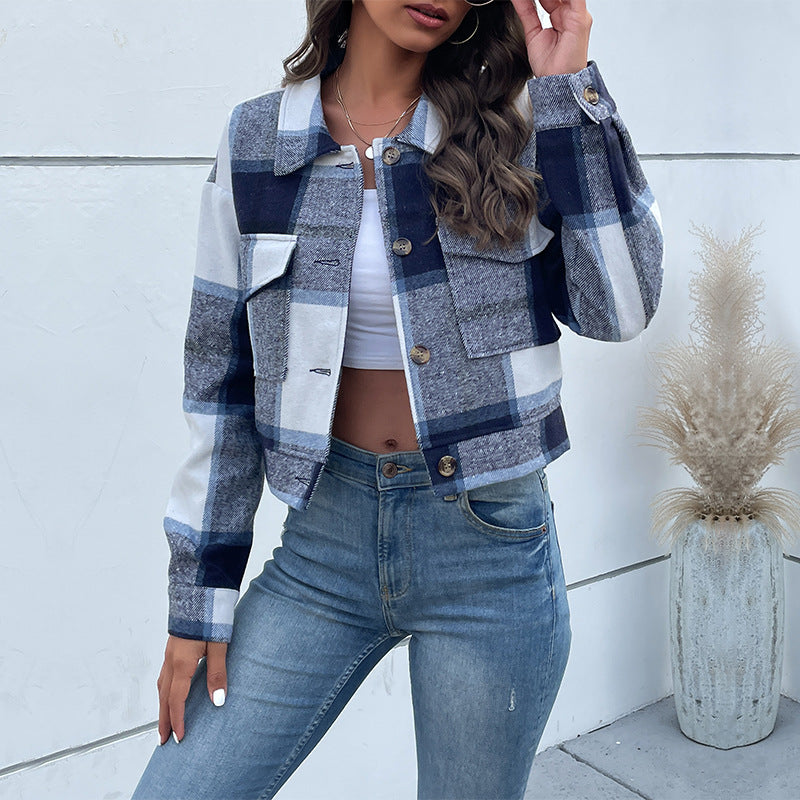 Cropped Plaid Lapel Collar Jacket - Navy Blue