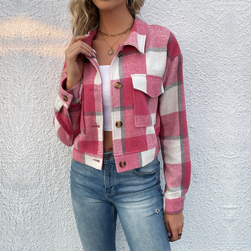 Cropped Plaid Lapel Collar Jacket - Rose Red
