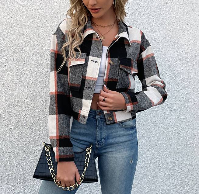Cropped Plaid Lapel Collar Jacket