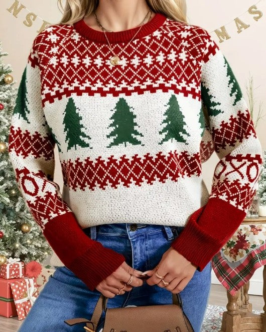 Festive Tree Fair Isle Crewneck Sweater - Red