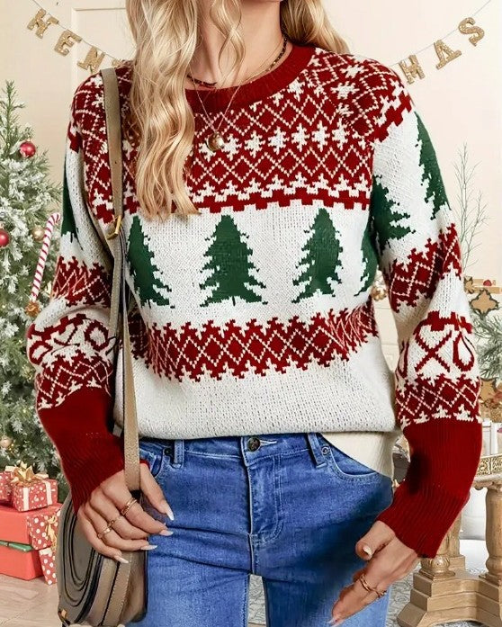 Festive Tree Fair Isle Crewneck Sweater - Red - 2