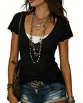 Contrast Insert V Neck Fitted Tee - Black