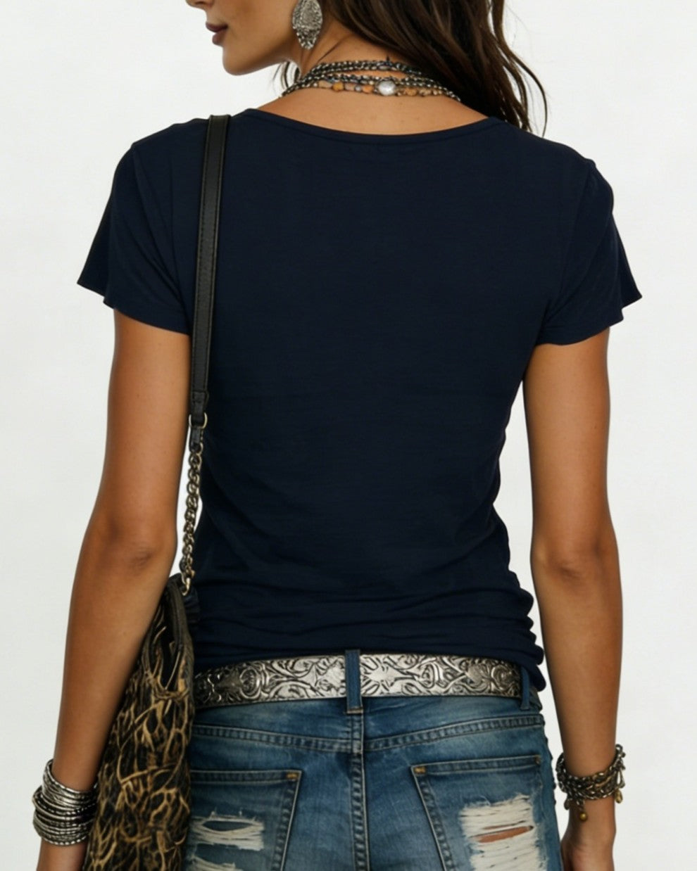 Contrast Insert V Neck Fitted Tee - Blue - 1