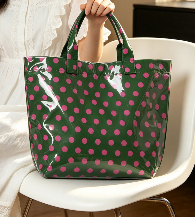 Glossy Polka Dot Shoulder Tote Bag - DGreen - 1