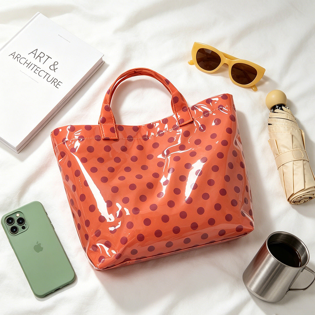 Glossy Polka Dot Shoulder Tote Bag - Orange - 1